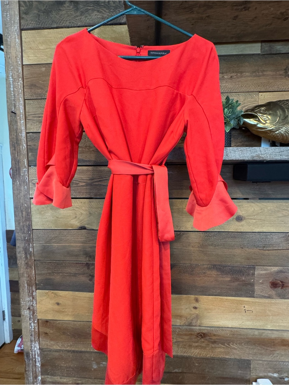Banana Republic Coral Red Long Sleeve Midi Dress with Self Tie Belt